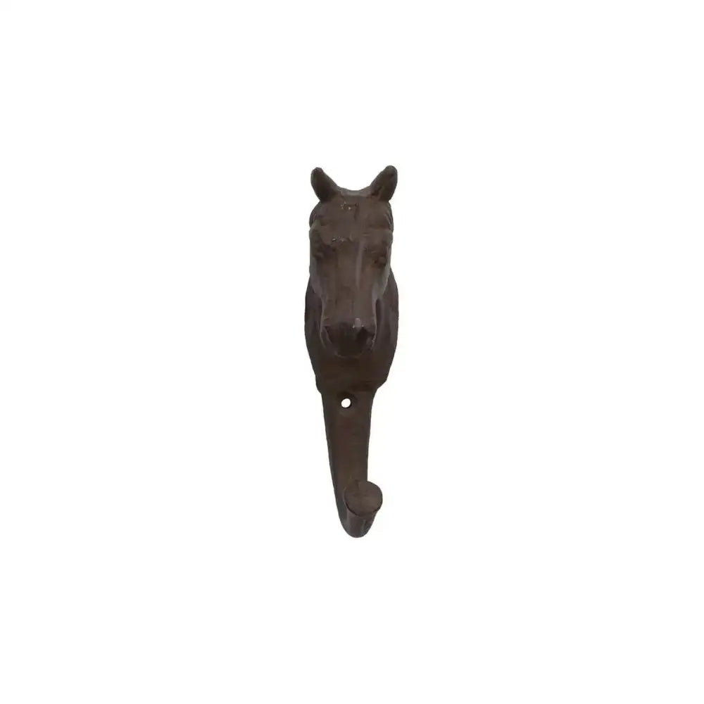 Dark brown cast iron horse coat hook with sturdy curved hanging loop perfect for iron horse coat storage