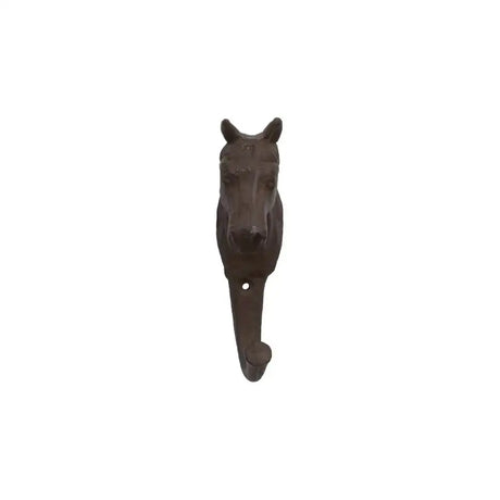 Dark brown cast iron horse coat hook with sturdy curved hanging loop perfect for iron horse coat storage
