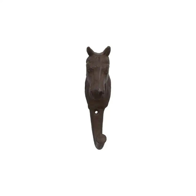 Dark brown cast iron horse coat hook with sturdy curved hanging loop perfect for iron horse coat storage
