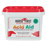 White plastic container with red lid and label featuring horse first supplements acid aid developed for healthy digestive tract
