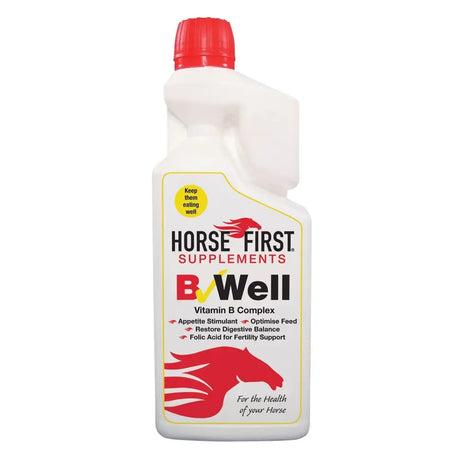 White plastic bottle with red cap of horse first b well group vitamin supplement featuring a red horse silhouette
