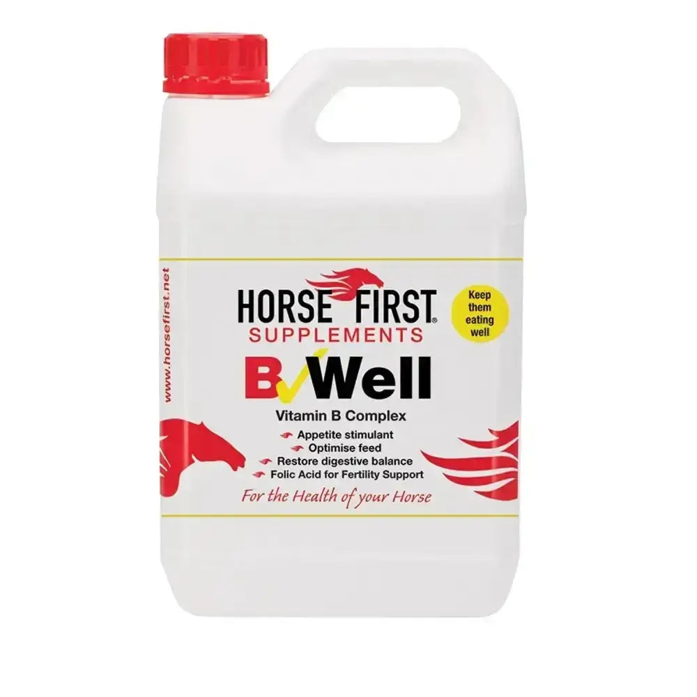 White plastic jug with red cap and horse first b well label for b-well b group vitamin supplement for efficient feed