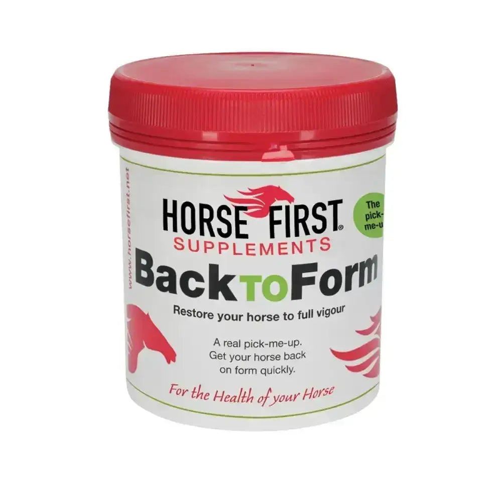 White cylindrical container with red lid and horse first back to form label for intense boot and fatigue in horses