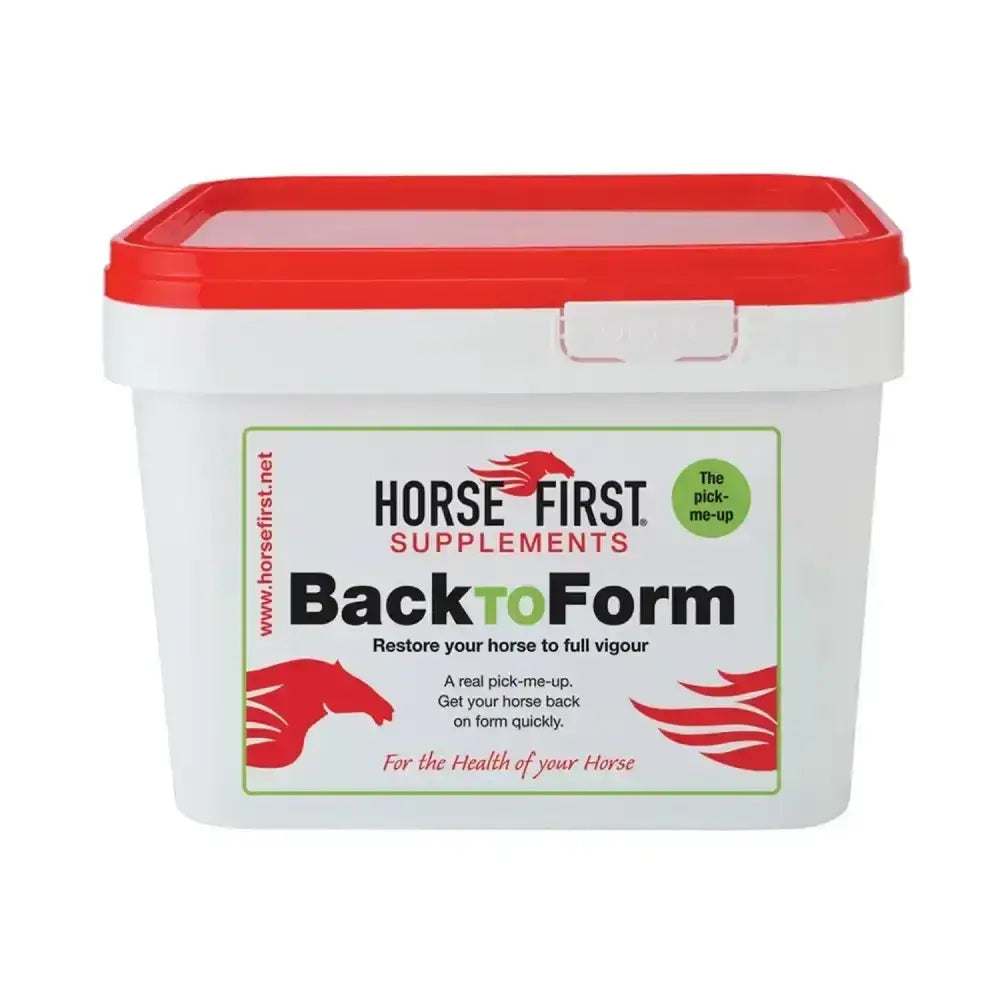 White plastic bucket with red lid from horse first supplements back to form helps with intense boot and fatigue