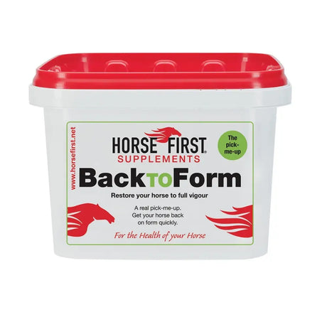 White plastic container with red lid of horse first back to form supplement for horses lacking enthusiasm and intense boot