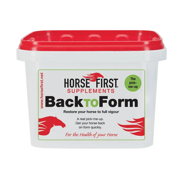 White plastic container with red lid of horse first back to form supplement for horses lacking enthusiasm and intense boot