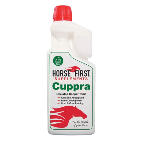 White plastic bottle with red cap and horse silhouette label for horse first cuppra ultimate copper top-up supplement