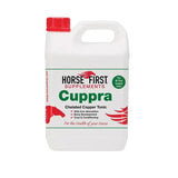 White plastic jug with red cap of horse first cuppra ultimate copper top-up supplement for horse health