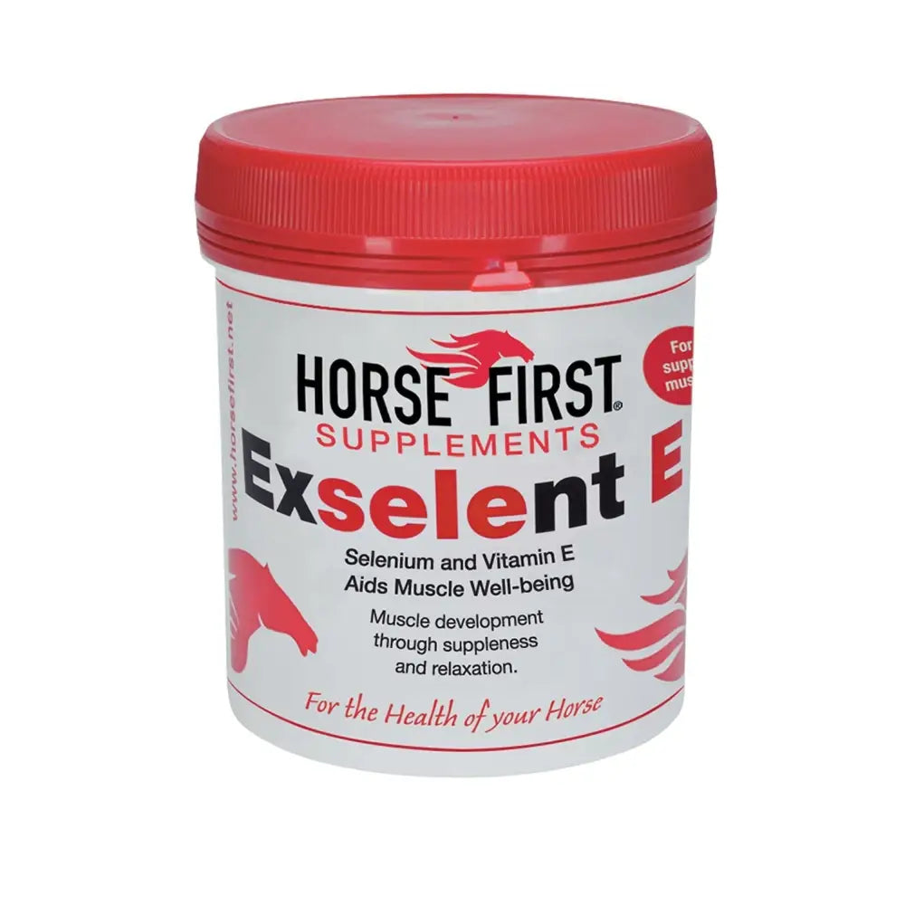 Red-lidded white container of horse first exselent e supplement with selenium and vitamin e to aid muscle well-being