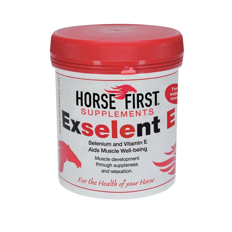 Red-lidded white container of horse first exselent e supplement with selenium and vitamin e to aid muscle well-being