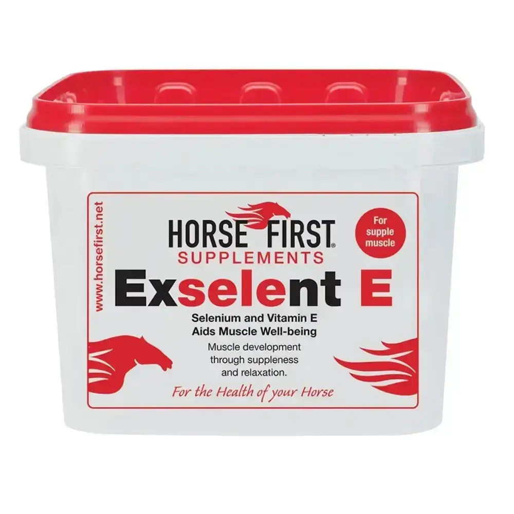 White plastic bucket with red lid labeled horse first supplements exselent e to aid muscle well-being in horses