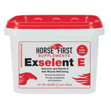 White plastic bucket with red lid labeled horse first supplements exselent e to aid muscle well-being in horses