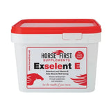 White plastic container with red lid labeled horse first exselent e muscle supplement to aid muscle well-being in horses