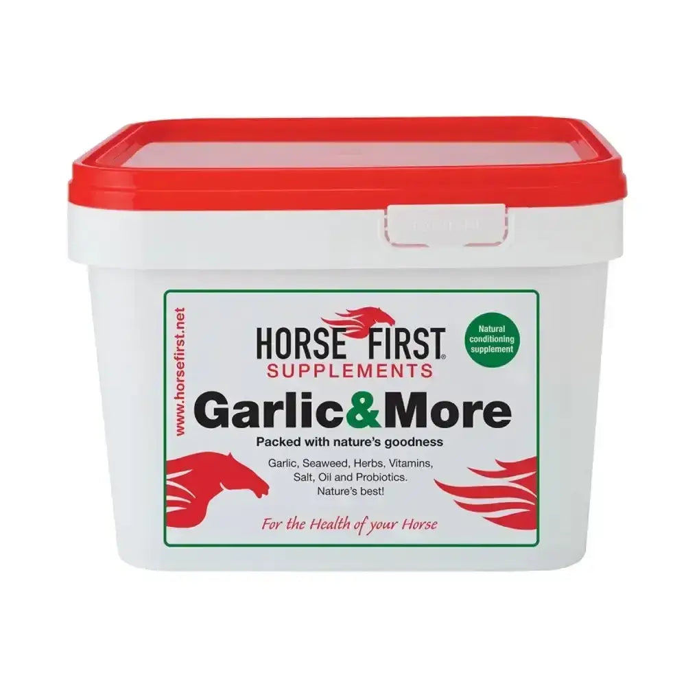 White plastic container with red lid of horse first garlic and more special supplement packed with natures goodness