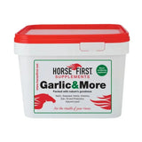 White plastic container with red lid of horse first garlic and more special supplement packed with natures goodness