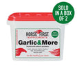 White plastic container with red lid of horse first supplements garlic and more featuring a powerful unique blend for horse health