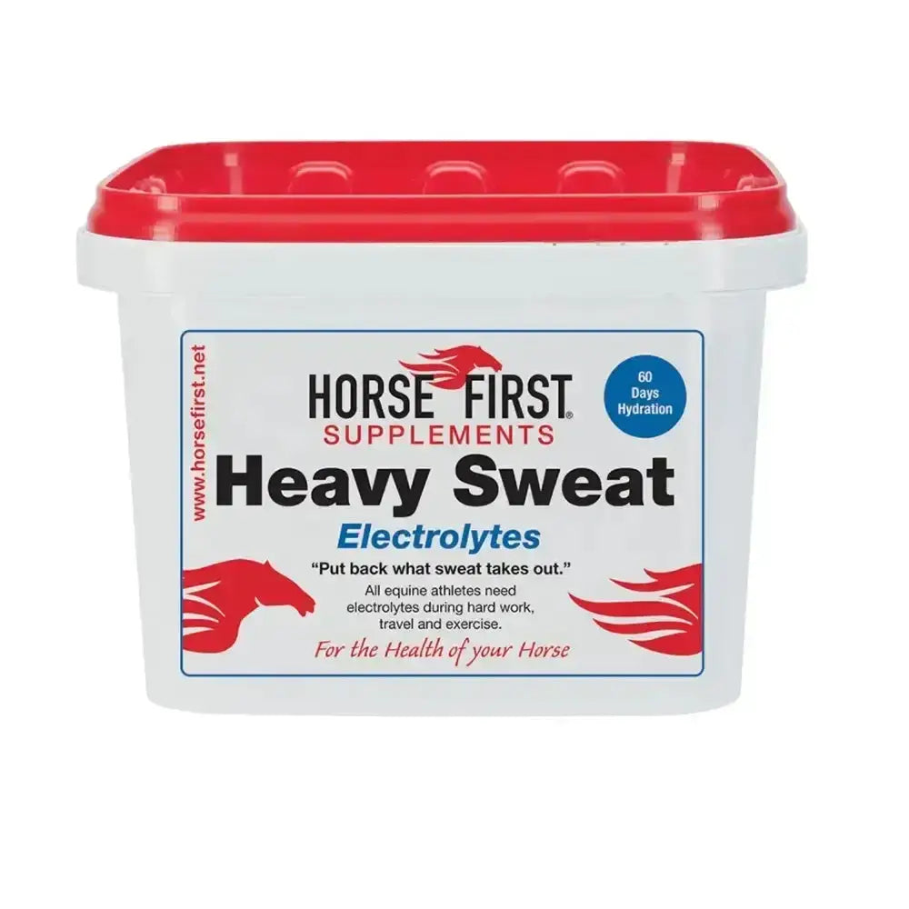 White plastic container with red lid horse first heavy sweat formulated supplement to replace salts lost and ensure horses