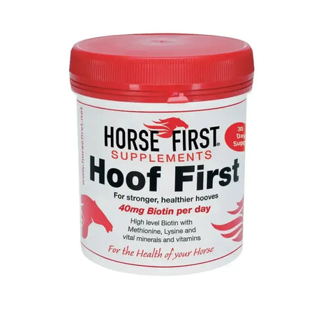 Red-lidded cylindrical container of horse first hoof first supplement with high strength biotin for strong horse hooves