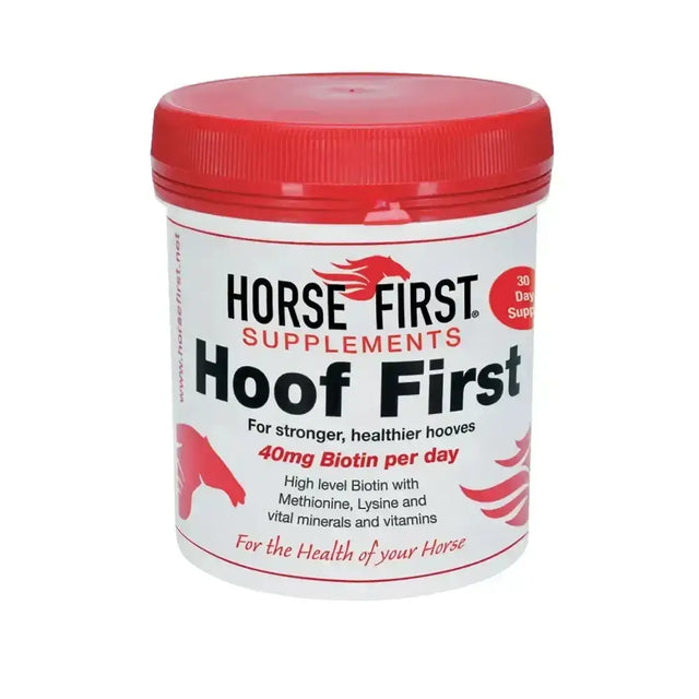 Red-lidded cylindrical container of horse first hoof first supplement with high strength biotin for strong horse hooves