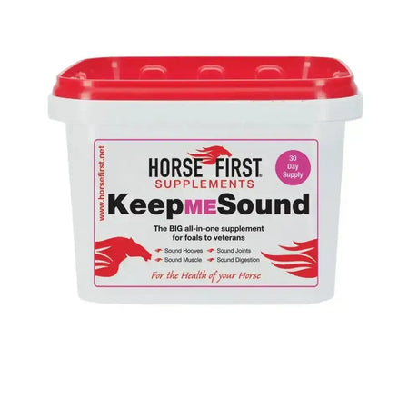 White plastic bucket with red lid labeled horse first keep me sound supplement for equestrian sound nurtures care