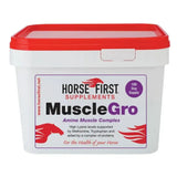 White plastic bucket with red lid of horse first musclegro featuring quality amino acids muscle complex label