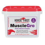 White plastic container with red lid of horse first musclegro featuring quality amino acids for primary proteins