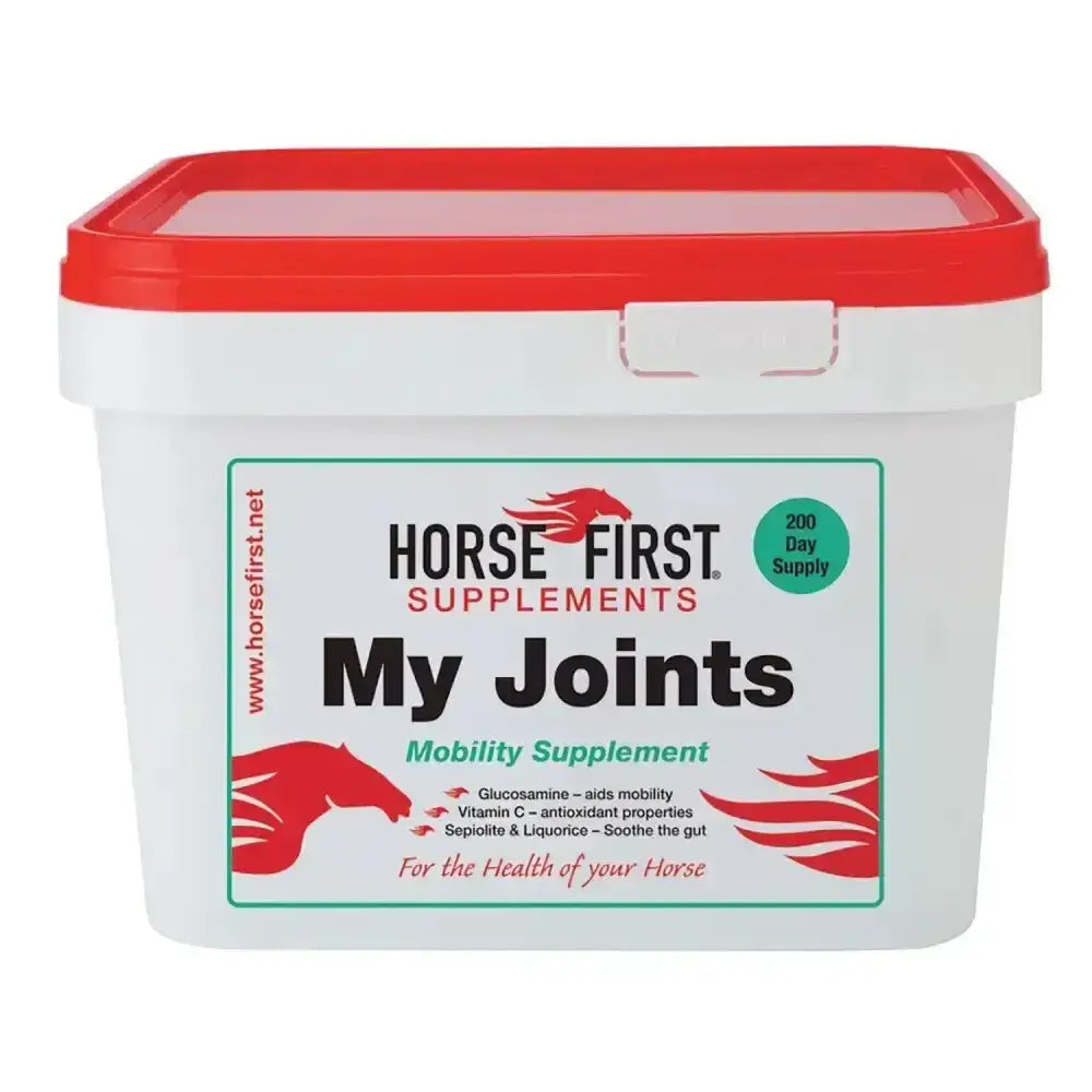 White plastic bucket with red lid labeled horse first my joints high-specification mobility supplement for horses