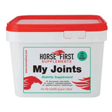 White plastic bucket with red lid labeled horse first my joints high-specification mobility supplement for horses