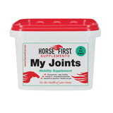 White plastic tub with red lid and horse first my joints label for a high-specification mobility supplement