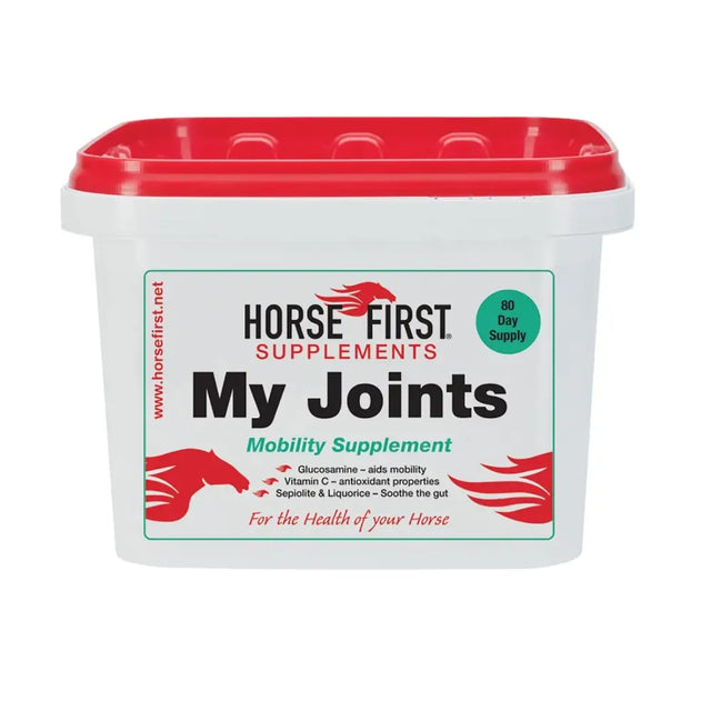 White plastic tub with red lid and horse first my joints label for a high-specification mobility supplement
