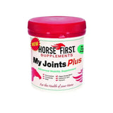 Horse first my joints plus advanced mobility supplement in white container with red lid and pink horse graphics label