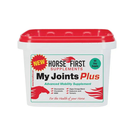 White plastic container with red lid and horse first my joints plus label featuring premium quality nutrients and advanced mobility supplement