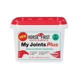 White plastic tub with red lid and label of Horse First My Joints Plus advanced mobility supplement with premium nutrients