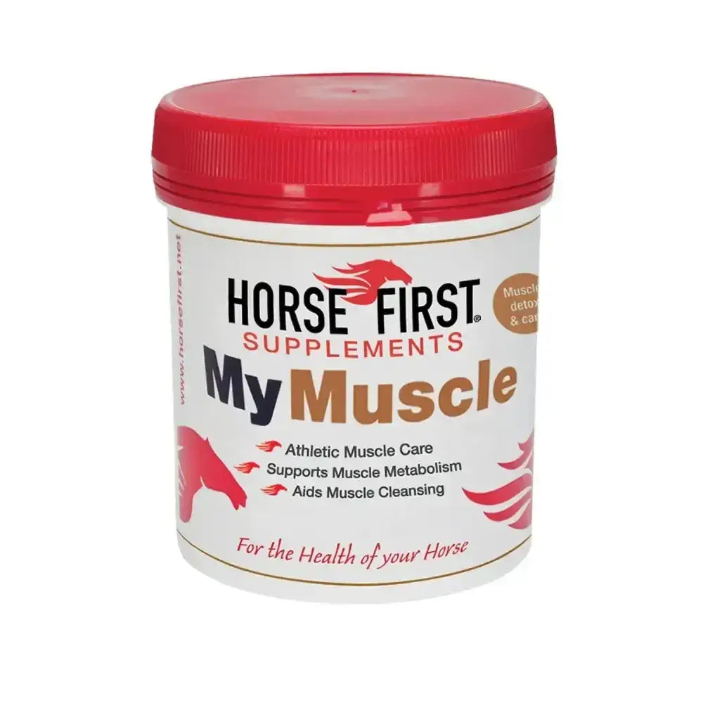 Red-lidded white container of horse first my muscle supplement with high levels of anti-oxidant vitamins to aid muscle tissue