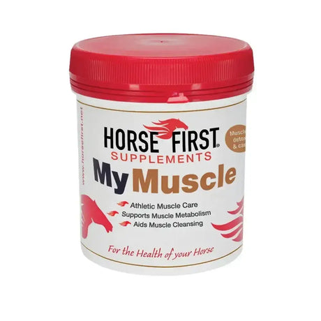 Red-lidded white container of horse first my muscle supplement with high levels of anti-oxidant vitamins to aid muscle tissue