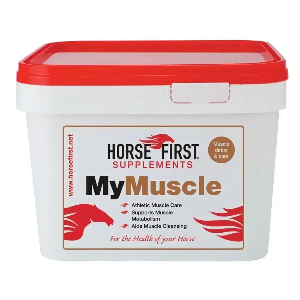 White plastic bucket with red lid labeled horse first my muscle featuring anti-oxidant vitamins to aid muscle tissue