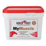 White plastic bucket with red lid labeled horse first my muscle featuring anti-oxidant vitamins to aid muscle tissue