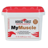 White plastic tub with red lid labeled horse first supplements mymuscle designed to aid muscle tissue with high levels of anti-oxidant vitamins