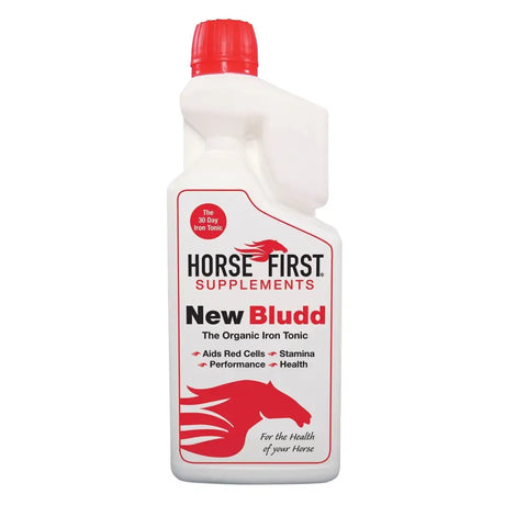 White plastic bottle with red cap labeled horse first new bludd bludd iron tonic for healthy athletic blood levels