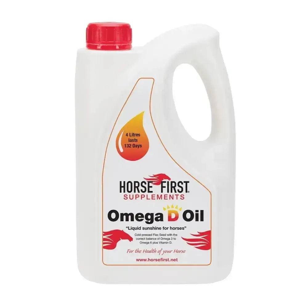 White plastic jug with red cap labeled horse first supplements omega d oil featuring pressed flax seed oil drops