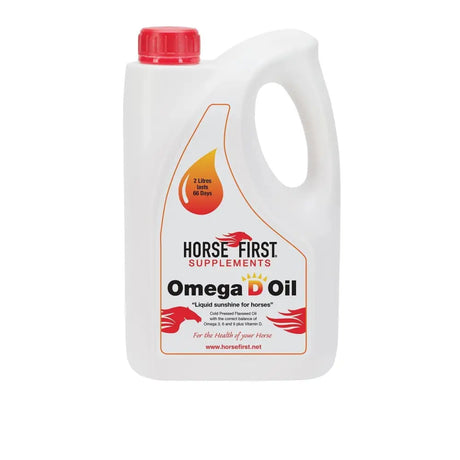 White plastic jug with red cap and label for horse first supplements omega d oil made with cold pressed flax