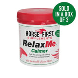 White cylindrical container with red lid of horse first relax me calming supplement featuring unique double action formula combines magnesium