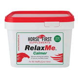 White plastic bucket with red lid featuring horse first supplements relaxme calmer double action formula combines magnesium