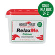 White plastic container with red lid of horse first relax me calmer supplement with unique double action formula for horses