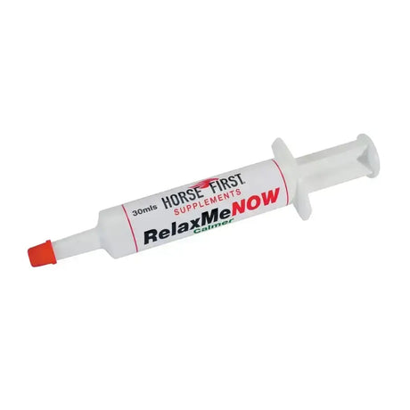 White plastic syringe-style horse first relax me now supplement tube with red cap for relaxme feeding regime 30ml