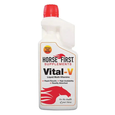 White plastic bottle with red cap and label of horse first supplements vital-v liquid multivitamins for correct major vitamin needs