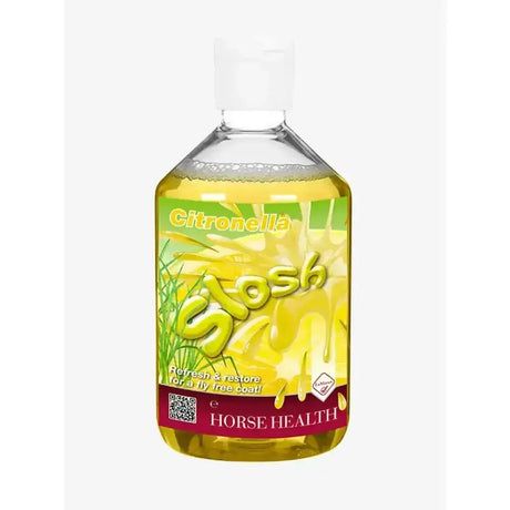 A clear plastic bottle with white cap contains yellow health citronella slosh for horse health ideal summer non-rinse wash