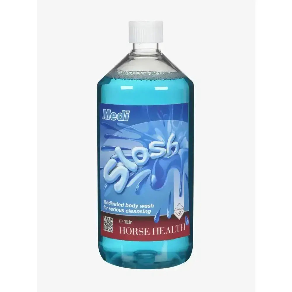 A clear plastic bottle with white cap filled with bright blue medicated antiseptic wash labeled medi glos for horse health medi slosh