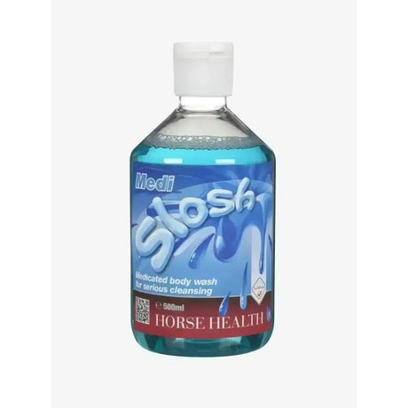 A clear plastic bottle with blue medicated antiseptic wash for serious cleansing from horse health medi slosh 500ml