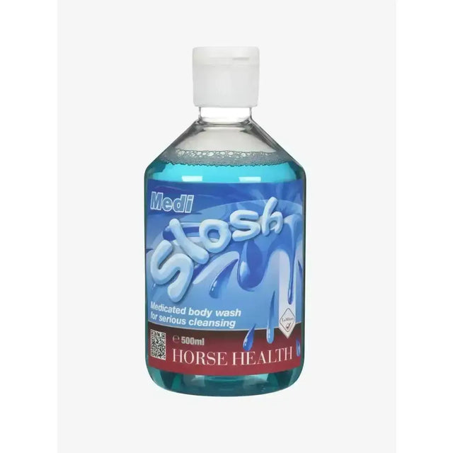 A clear plastic bottle with blue medicated antiseptic wash for serious cleansing from horse health medi slosh 500ml
